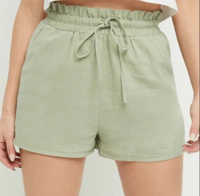 LA HEARTS Pacsun ~ Sz XS ~ Sage LINEN BLD Pull-On Drawstring Paperbag Shorts a62 - Image 1 of 3
