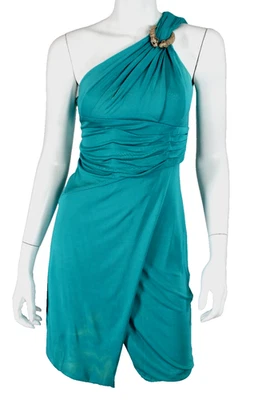ROBERTO CAVALLI Teal Blue Jersey Metal Cheetah One-Shoulder Sheath Dress 38 - Image 1 of 4