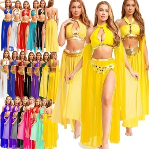 Damen Neckholder Rückenfrei Bauchtanz Outfits 2 Stück Set mit Pailletten Quaste Party - Bild 1 von 160