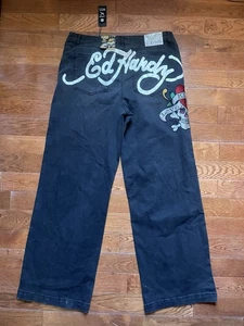 Neu mit Etikett Ed Hardy schwarze Love Kills Slowly Heart Totenkopf weites Bein Jeans Größe 34 - Bild 1 von 16
