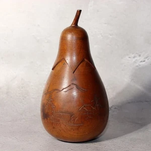 Japanische Teedose Chazutsu Auberginenform aus Holz geschnitzt Landschaft WO469 - Bild 1 von 17