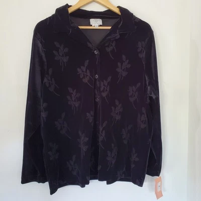 NUEVO CON ETIQUETAS LO ÚLTIMO ALGODÓN 1X Terciopelo Negro LS Botón Camisa Top Floral Bordado Años 90  Foto 1 de 4