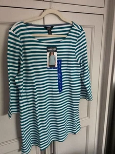NUEVO CON ETIQUETAS Camisa Top Lands' End L Grande Mariner Azul Cuello Barco Manga 3/4 Algodón Pima D2 - Imagen 1 de 5