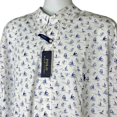 POLO Ralph Lauren Para Hombres ALTO 2XLT Blanco Azul Velero Patrón Algodón Elástico NUEVO Foto 1 de 4