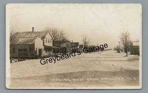 RPPC Snowy Day Stores West from BRIGHTON IN Indiana Vintage Real Photo Postcard - Picture 1 of 2