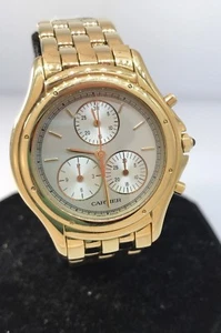 Cartier Cougar Yellow Gold Quartz Chronograph Silver Dial Bracelet Men's Watch - Picture 1 of 10