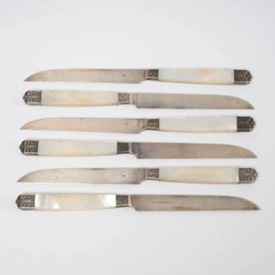 Juego de 6 cuchillos de madreperla Georges Falkenberg franceses de plata maciza 950 7,75" L Foto 1 de 4