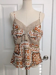 DAISY Fuentes SZ L 100% Silk Camisole Babydoll Top Lace Cami Print Strappy Y2k - Picture 1 of 9