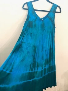DHARMA TRADING CO Sz M Blue Tie Dye Rayon Sleeveless Maxi Dress Boho hi-lo - Picture 1 of 6