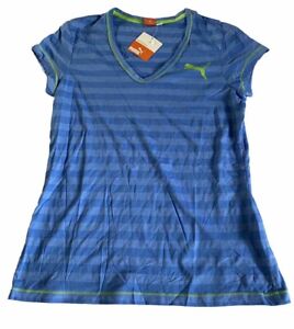 Puma Lifestyle V-Neck T-Shirt Women's X-Large Short Sleeve Striped Blue Green