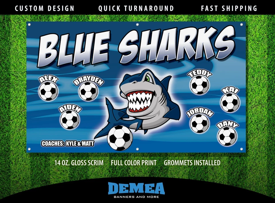 Tiburones Azules - Banner de Equipo de Fútbol - (3 pies x 5 pies) Nombre de Tu Equipo y Diseño Personalizado Foto 1 de 3