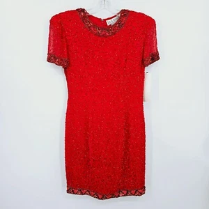 AJ Bari Vintage Perlen Party Kleid 8 Rot New Old Stock Deadstock Retro 80er Cocktail - Bild 1 von 12