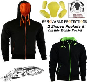 BLACK & ORANGE/HIVIZ FLEECE HOODIE REMOVABLE ARMOUR MOTORBIKE MOTORCYCLE JACKET - Picture 1 of 4