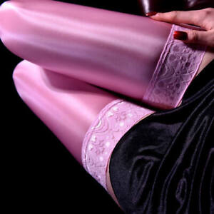 Oil Glossy Shiny Stockings 80 Deniers lace top Stay Up Thigh-Highs (7 Colors)