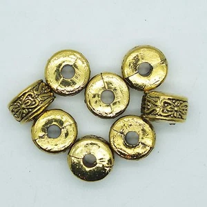 Embossed Flat Disc Drum Bead 14mm Metalized Large Hole Antiqued Gold Finish pk/8 - Picture 1 of 3