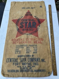 Vintage Central Star Burlap Sack 100 Lb Fort Wayne Indiana 40 X 20 - Picture 1 of 5