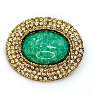 Vtg Oval Signed Bellini Gold Tone Peking Glass Center Clear Rhinestone Brooch - Picture 1 of 6