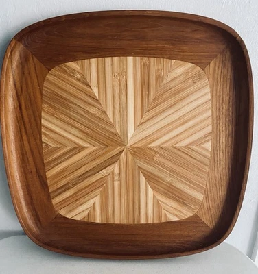 MCM VINTAGE Quistgaard Dansk BAMBOO & TEAK Exotic Wood 19” Square Serving Tray - Image 1 of 4