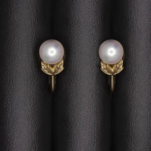 VINTAGE PINK PEARL 14k YELLOW GOLD EARRINGS FLORAL LEAF RETRO ESTATE STUD GIFT - Picture 1 of 2