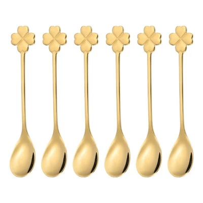 6pcs Coffee Spoons, Four Leaf Grass Tea Spoons Stainless Steel, Gold - Image 1 of 4