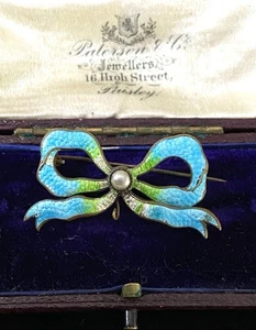 Antike edwardianische schöne blaue Guilloche Emaille & Perlen Schleife Band Brosche - Bild 1 von 10