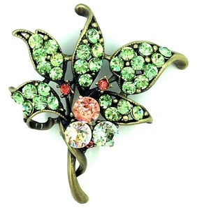 Flower Pin Swarovski Crystal Jewelry Large Green Petals Pink Brooch New Rucinni - Picture 1 of 6