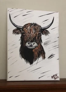 Hand Painted Highland Bull Calf Acrylic On Canvas. ByRBWallace Painting Dec 2024 - Picture 1 of 5