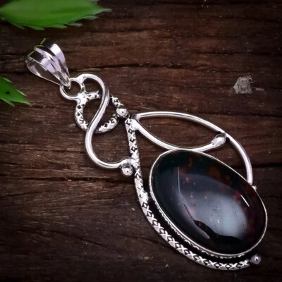 Adorabile Pietra Di Sangue Gemma Pendente In Argento Sterling 925 Fatta A Mano - Immagine 1 di 4