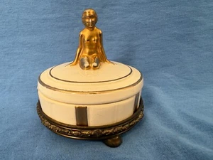 Vintage BW Porcelain Powder Vanity Jar Gold Topless Kneeling Lady Trinket Box - Picture 1 of 18