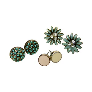 3pk Vintage Costume Jewelry Earring Lot Blue Daisy Flat Circle Beaded Dome Studs - Picture 1 of 2