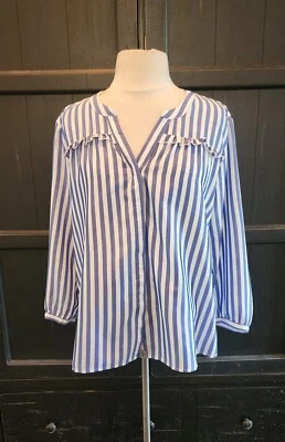 Bass Blue White Striped Button-up Blouse Ruffles Women's L Pre-owned EUC - Image 1 of 4