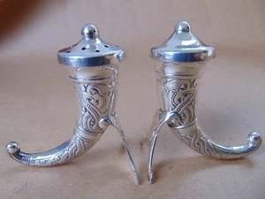 UNUSED NORWEGIAN STERLING SILVER VIKING HORN SALT & PEPPER SHAKERS - Picture 1 of 11