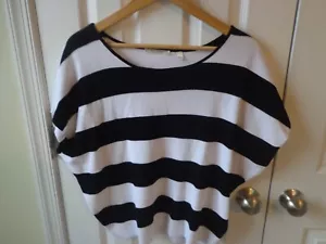 WOMENS L COTTON SWEATER BLACK WHITE CAP SLEEVE WIDE STRIPES-EUC - Imagen 1 de 5