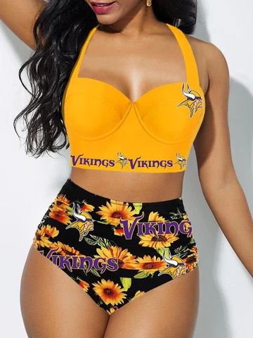 Minnesota Vikings 2PCS Women High Waist Bikini Set Push up Swimsuit Bathing Wear Cover