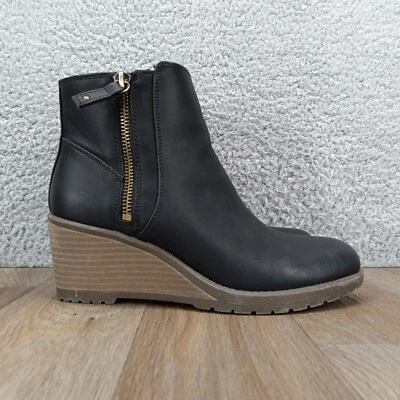 Dr. Scholl's 坡跟踝靴 7M 码侧拉链舒适黑色皮革 — 第 1/4 张图片