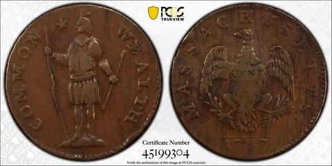 1787 MASSACHUSETTS CENT 1C COLONIAL COPPER PCGS VF30 #45199304 EYE APPEAL! Cover