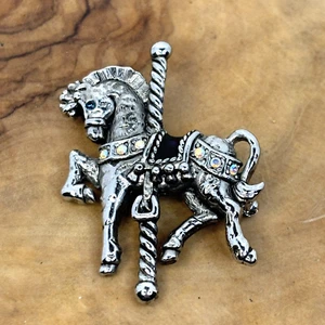 Vintage Danecraft Silver Tone Carousel Horse Brooch Pin AB Rhinestones & Enamel - Picture 1 of 7
