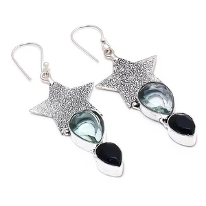 Aqua Apatite, Spinel Gemstone 925 Sterling Silver Jewelry Earring 2.56 " - Picture 1 of 1