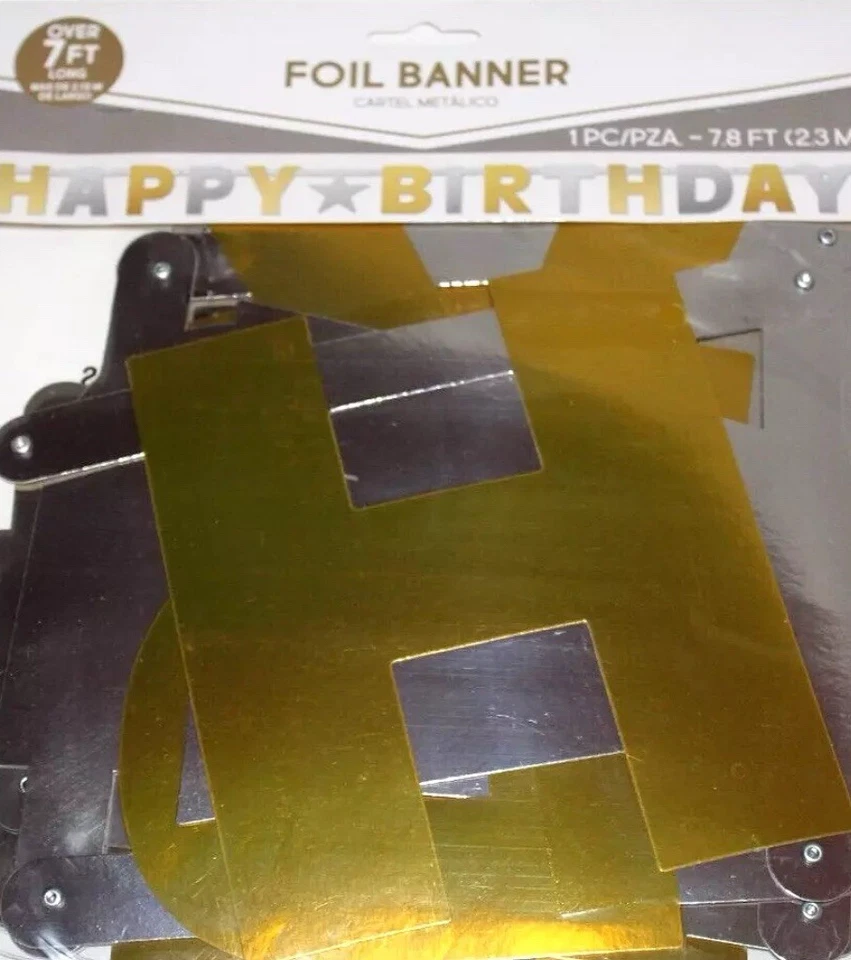 Banner de papel aluminio Amscan dorado/plateado "Feliz cumpleaños" - 7,8 pies Foto 1 de 1