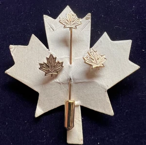 MAPLE LEAF EARRINGS & STICK PIN SET GOLD TONE PRESENTED ON MAPLE LEAF CARD - Picture 1 of 6