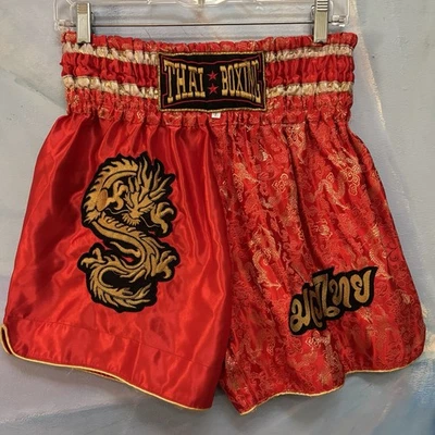 Men's Muay Thai Boxing Shorts Red/Gold Satin Brocade Boxing Shorts 30-32” Waist - Image 1 of 4