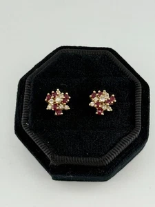 14K Gold Ruby & Natural Diamond Cluster Stud Earrings - Picture 1 of 3