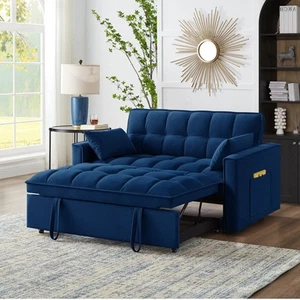 Navy Tufted Loveseat Sofa Bed w/ Storage - Picture 1 of 12