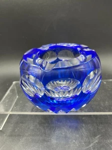 COBALT ROYAL BLUE Cut to Clear Crystal Ashtray 1970’s - Picture 1 of 10