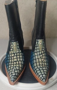  Lagarto Leather  Stiletto Pointed Toe Mid Ankle Boots Women SZ 9 Matching Belt. - Picture 1 of 18