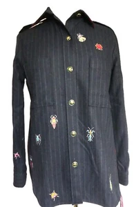 Vilagallo Fedora Fringe Navy Wool Blend Stripe Shirt Embroidered Insects USA 6 - Picture 1 of 15