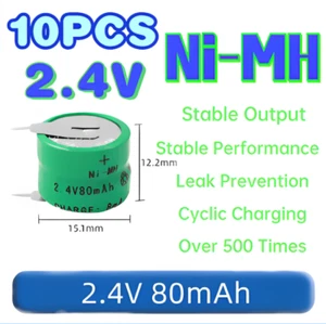 10PCS 2.4V 80mAH Ni-MH Rechargeable Battery With 2 Pins/Tabs For Meter Alarm New - Picture 1 of 4
