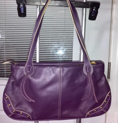 MAXX NEW YORK LARGE PURPLE LEATHER  HANDBAG POCKETBOOK GOLD STUDS - Image 1 of 4