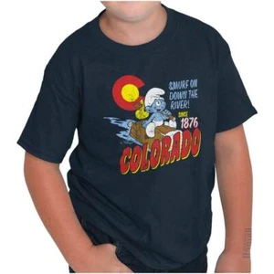 Smurfs Colorado State Down River Cartoon Youth Crewneck T Shirts Boy or Girl - Picture 1 of 8