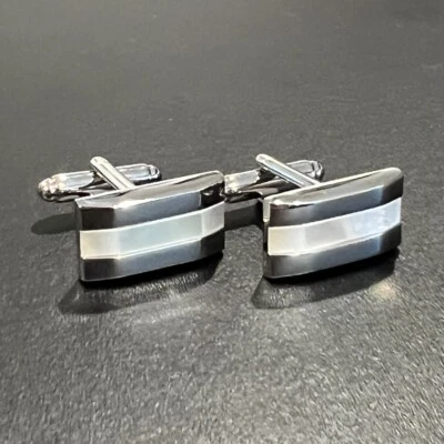 Gemelos rectangulares a rayas madreperla para hombre cumpleaños boda regalo en caja Foto 1 de 4